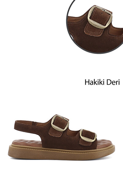 GÖNDERİ(R) Kadın Kahve Süet Cırtlı Tokalı Dolgu Taban Hakiki Deri Comfort San...