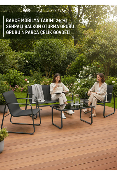 Padilon BAHÇE MOBİLYA TAKIMI 2+1+1 SEHPALI BALKON OTURMA GRUBU 4 PARÇA ÇELİK ...