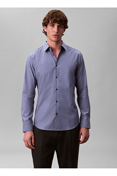 Calvin Klein Mavi Erkek Çizgili Gömlek LV04LE124GC61_LS STRIPE SUPIMA STRE
