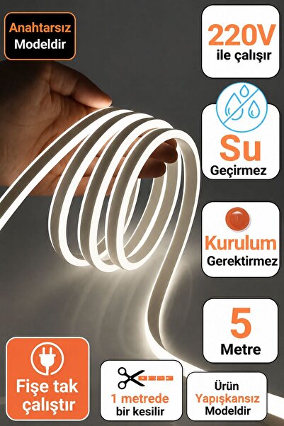 Adrift Neon Esnek Şerit Led 5 Metre BEYAZ + 220 Volt Fiş