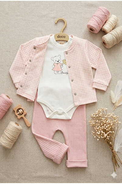 DECO Kız Bebek Pembe Pötikare Ceketli Ayıcık Baskılı 3'lü Takım - Yumuşak Dokulu