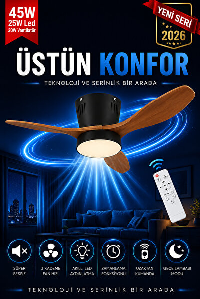 Goes Modern Led Işıklı Tavan Vantilatörü 3 Renk Işık 3 Kademe Hız Sessiz Siya...
