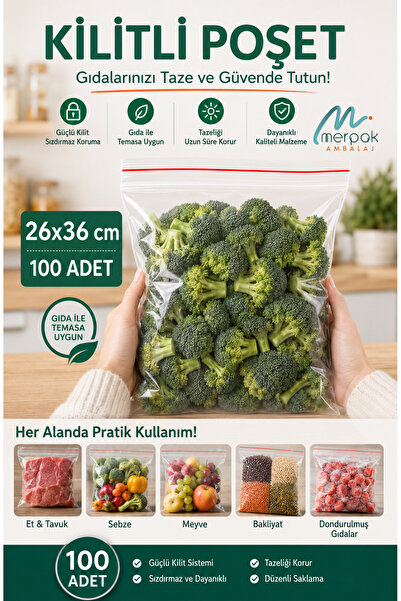 Merpak Ambalaj Kilitli Torba 26x36 Cm 100'lü Kilitli Buzdolabı Poşeti Şeffaf ...