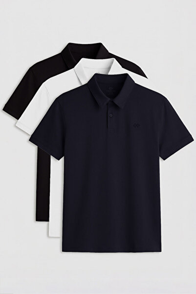 TOMMY LIFE Ανδρικό μπλουζάκι Standard Fit Basic Polo Neck 3 Pack Μαύρο-Λευκό-...