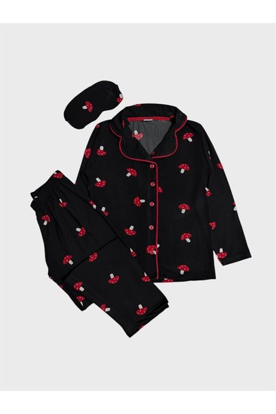 ALİŞ KİDS Cotton Black Mushroom Patterned Shirt Collar Buttoned Seasonal Pajama Set with Sleep Band Suitable for Girl and Mother