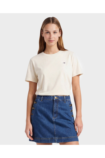 Gant Kadın Krem Bisiklet Yaka Regular Fit Logolu T-Shirt