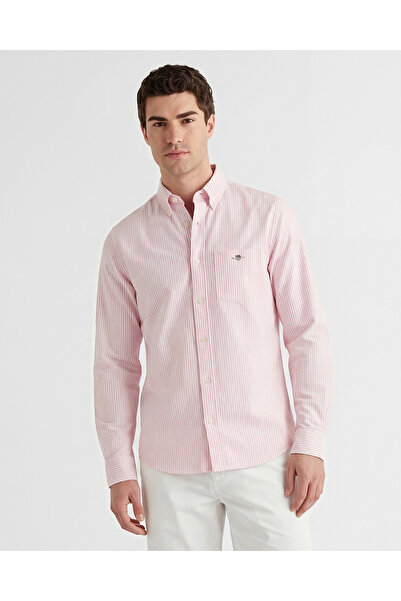 Gant Erkek Pembe Regular Fit Çizgili Logolu Gömlek