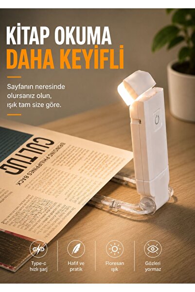 Asfal Şarjlı Klipsli LED Kitap Okuma Lambası BEYAZ, 3 Işık Rengi, 9 Mod, USB,...