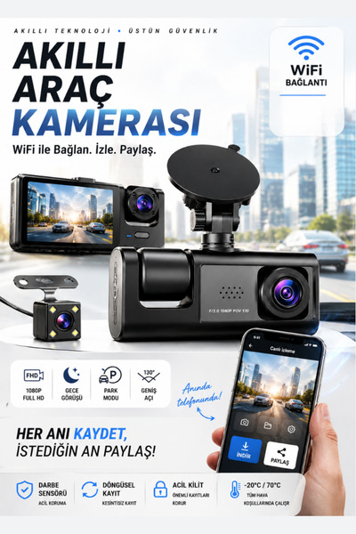 CROW'S TECH 1080P Dash Cam Full Hd Araç içi Kamera Ön Arka ve İç Kayıt 3 Kame...