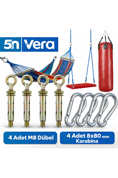 5NVERA M8 Çelik Dübel + 8mm Karabina Seti | Tavan Askı Aparatı Salıncak Hamak...