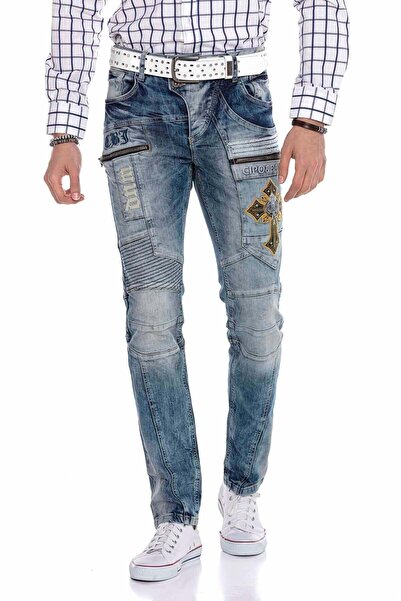 Generic Brand Cd293 Embroidered Men's Jean Pants with Stitching Detail