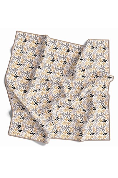 VİOLLA Kristal Çiçek Desenli Bej Renkli 90x90 Eşarp (İpek İçermez) Dikim Şekl...