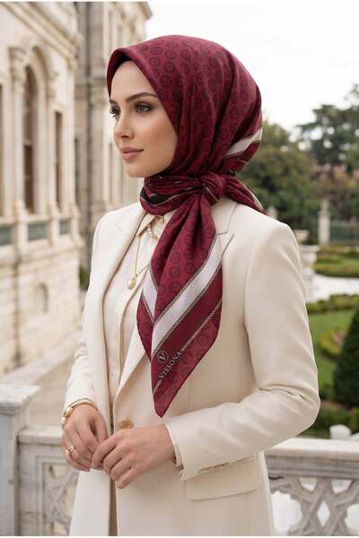 Vissona %100 İpek Monogram Desenli Bordo - Siyah Renkli 92x210 Şal