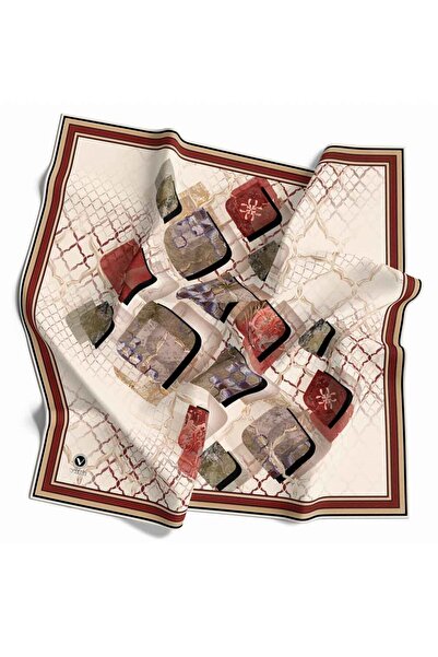 VİOLLA Kristal Geometrik Taş Desenli Krem - Bordo Renkli 90x90 Eşarp (İpek İç...