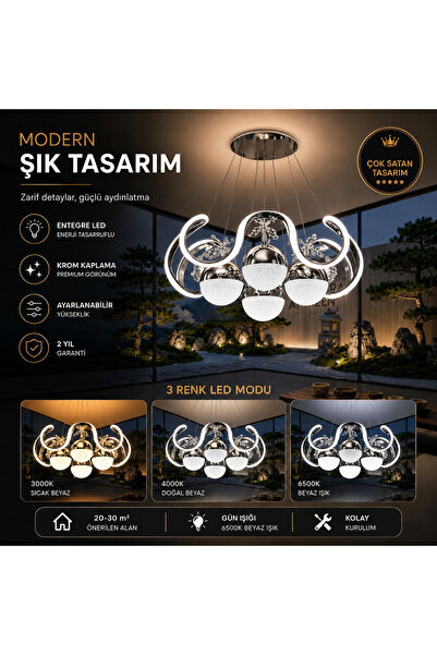 arge aydınlatma ZET 4 TOPLU LEDLİ SALON AVİZE MODELİ 3 RENK KROM KAPLAMA (BOY...