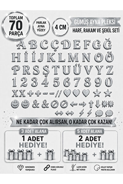 Bioren Kendinden Yapışkanlı Gümüş Aynalı Pleksi Harf Rakam ve Şekil Seti 70 P...