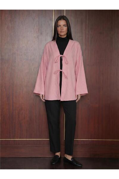 WeShaya Powder Viscose Linen Textured Wide Sleeve Hijab Linen Kimono with Tie...