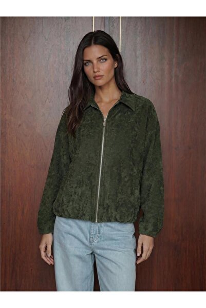 WeShaya Khaki Oversize Velvet Fabric Drawstring Waist Zippered Polyester Long...