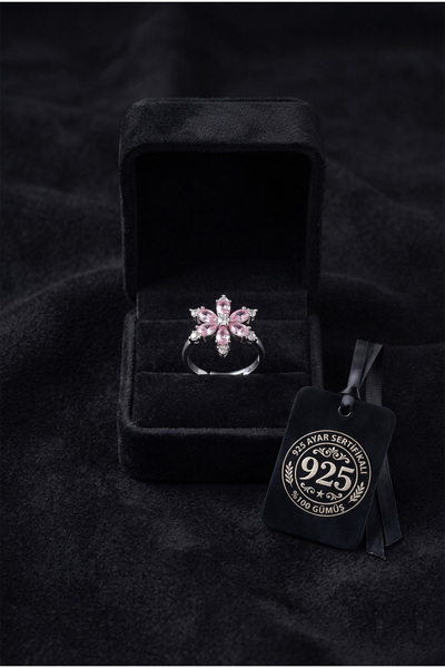 Roza Silver 925 Ayar Pembe Taşlı Rodyum Lotus Çiçeği Ayarlanabilir Gümüş Yüzük