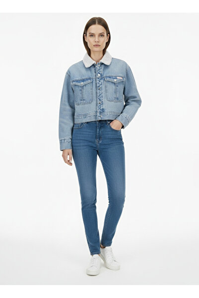 Calvin Klein Kadın Sherpa Wool Denim Peluş Yakalı Ceket - Mavi