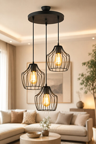 NisaLuce Nisa Luce Burgaz Modern 3 lü Metal avize siyah