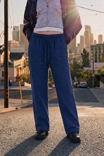 DAMGA JEANS Γυναικείο ψηλόμεσο φαρδύ καλοκαιρινό λινό παντελόνι jogger σε μπλ...