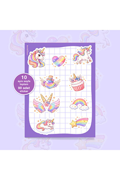 To Design Lab Unicorn Sticker Seti 10 AYNI Sayfa/90 Adet Sticker
