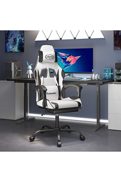 Concept Scaun de gaming pivotant cu suport picioare alb&negru piele