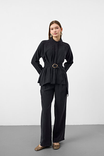 Basicpark Black Premium Tencel Textured Modern Cut Suit with Gold Buckle Belt