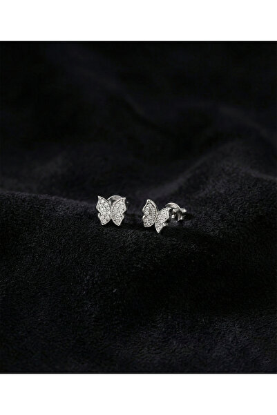 Roza Silver 925 Ayar Rodyum Zirkon Taşlı 3 Boyutlu Kelebek Çivili Gümüş Küpe