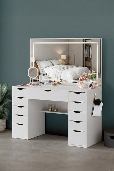 Full Led Touch Mirror 11 Drawers Backstage Vanity Table With Diva Jewelry Organizer Plain White