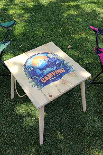 Tooall Kolay Taşınabilir CAMPING-ADVENTURE Baskılı Ahşap Kamp Masası, Uv Bask...