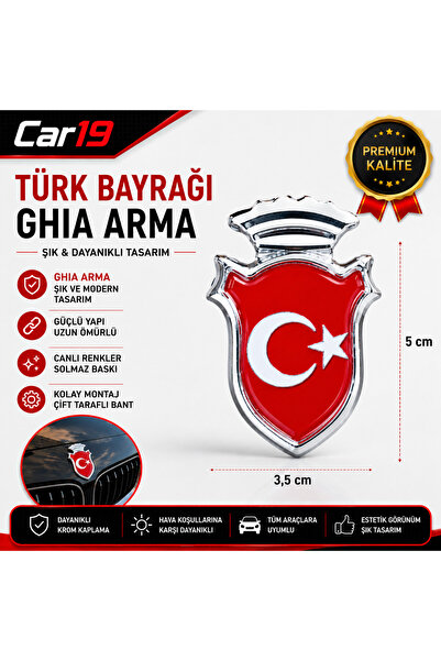 Car19 Türk Bayraklı Ghia Arma Araç Direk Arması Etiket Arma (1 Adet)