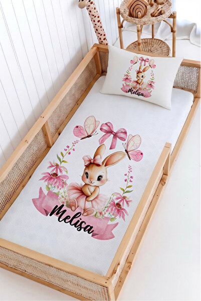 Lilabio %100 Pamuk İsme Özel Montessori Yatak Pike Seti 100x200 Sevimli Tavşan