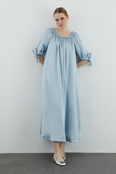 Elastic Collar Beaded Embroidered Gray Long Lined Dress