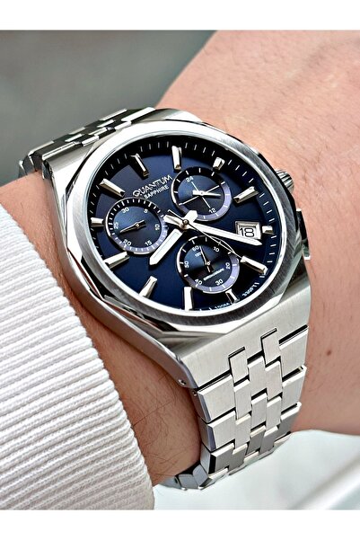 Quantum Functional Silver-Navy Blue Color Sapphire Glass Steel Band Steel Cas...