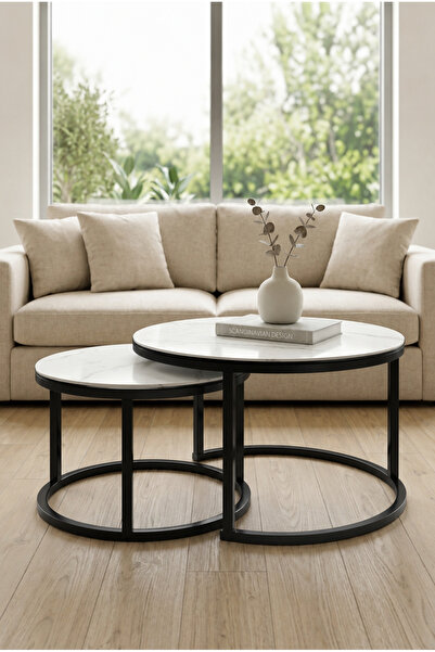 Gaia Home طقم طاولات قهوة متداخل سيراميك بإطار معدني – مودرن – مقاسين 70 و50 سم