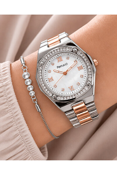 Ferrucci White Color Dial Zircon Stone Women's Wristwatch with Bracelet Gift