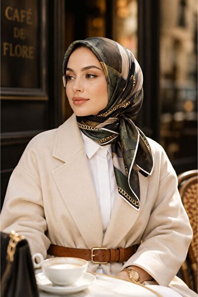 Vissona %100 Twill İpek Taş Efekti Desenli Haki - Siyah Renkli 90x90 Eşarp Di...