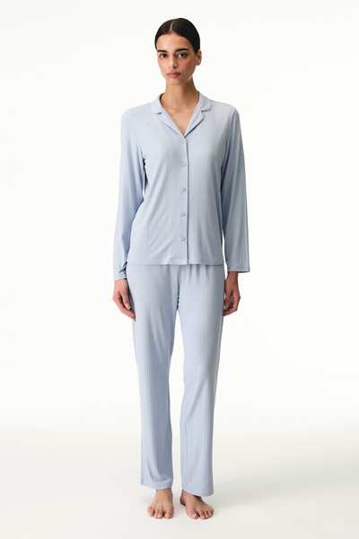 Penti Blue Emily Buttoned Shirt Pants Pajama Set