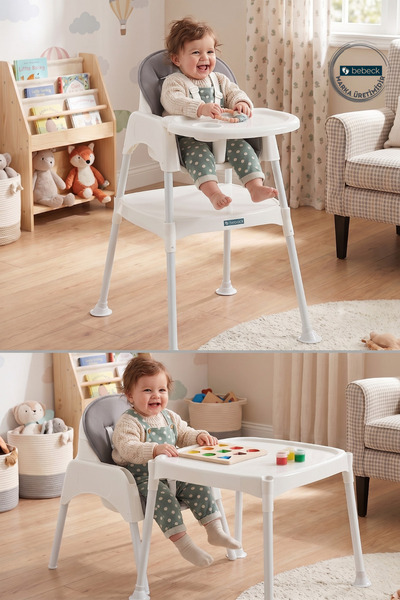 Bebeck Çalışma Masalı Tabureli Pedli 3in1 Mama Sandalyesi Beyaz (METAL AYAKLI)