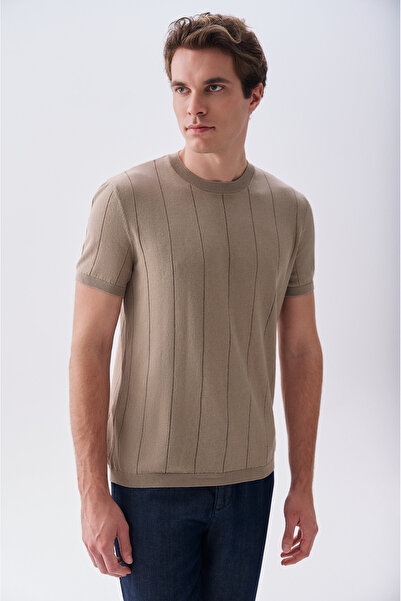 Mudo Men's Beige Crew Neck Short Sleeve Knitwear Sweater