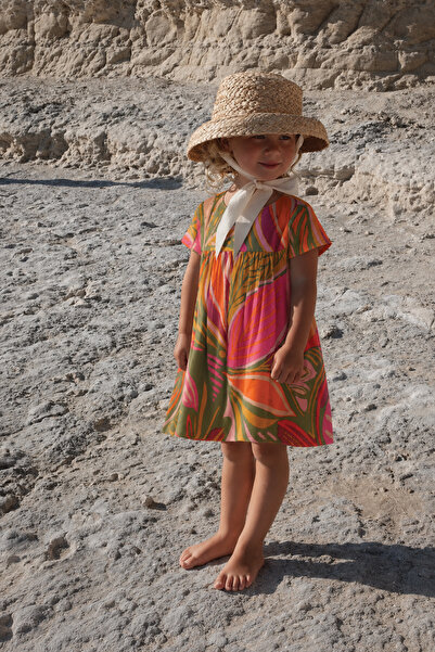 Cigit Patterned Draped Dress 1-8 Years Orange