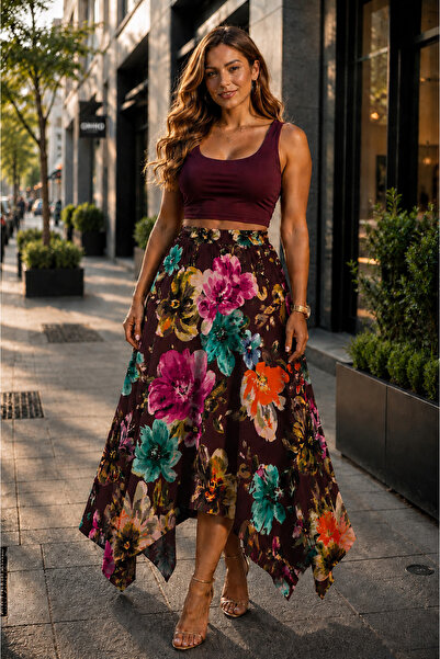 CALERA Plus Size Patterned Non-Exposing Long Skirt, Sizes 46-60, Elastic Wais...