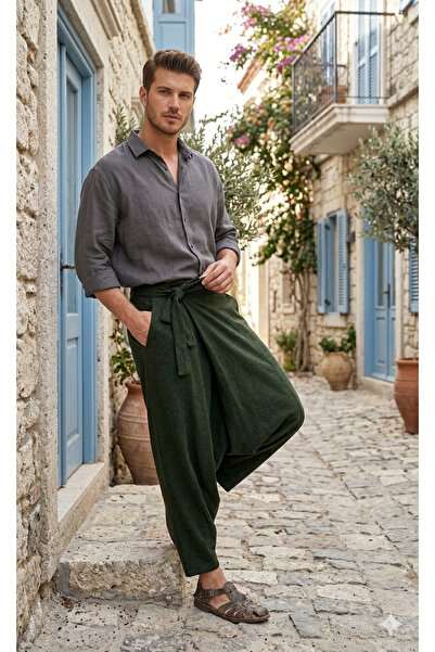 Bohemian Beli Bağlamalı Pamuklu Kışlık Bohem Erkek Şalvar Pantolon