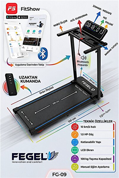 Fegel FG-09 Koşu Bandı Bluetooth Hoparlör Uygulama Adımsayar Program Eğim Nab...