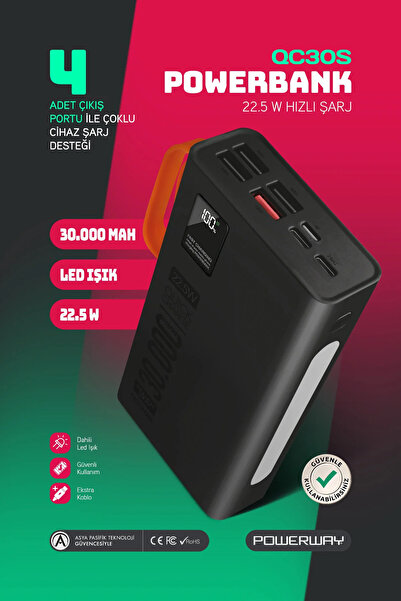 POWERWAY 30.000 Mah Pd 22.5W Dahili Kablolu Hızlı Şarj Led Fener Gerçek 30.00...