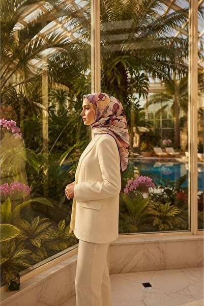 Vissona %100 Twill İpek Bahar Çiçekleri Desenli Gül Kurusu - Bej Renkli 90x90...