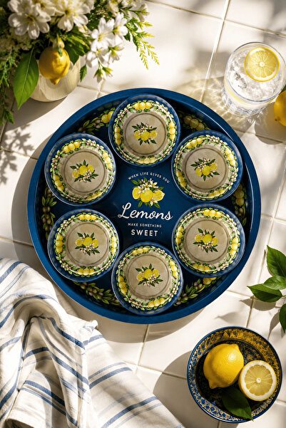 Sarkap Home 26 Cm Lemon Design Lacivert 34 cm Tepsi ve 6'lı Çerezlik Seti