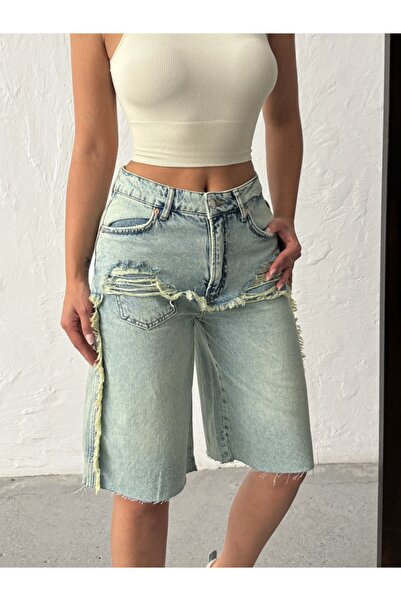 ADAMODA.RO Pantaloni scurți din denim tip bermuda cu abraziuni în față, în zo...